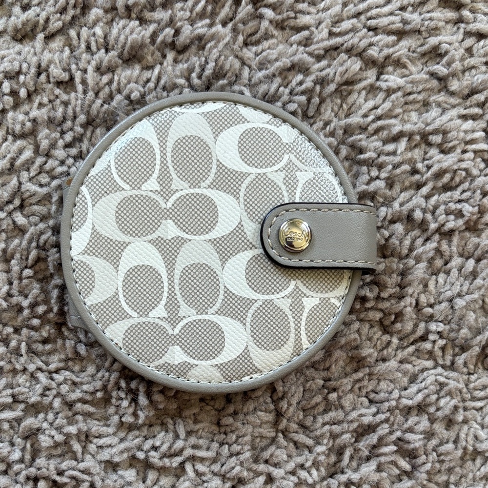 Coach Round Signature Canvas Coin Case in Taupe and Cream